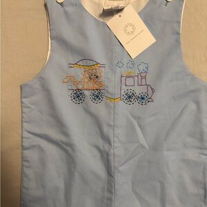 Charming Blue Kids Train Embroidered One Piece
